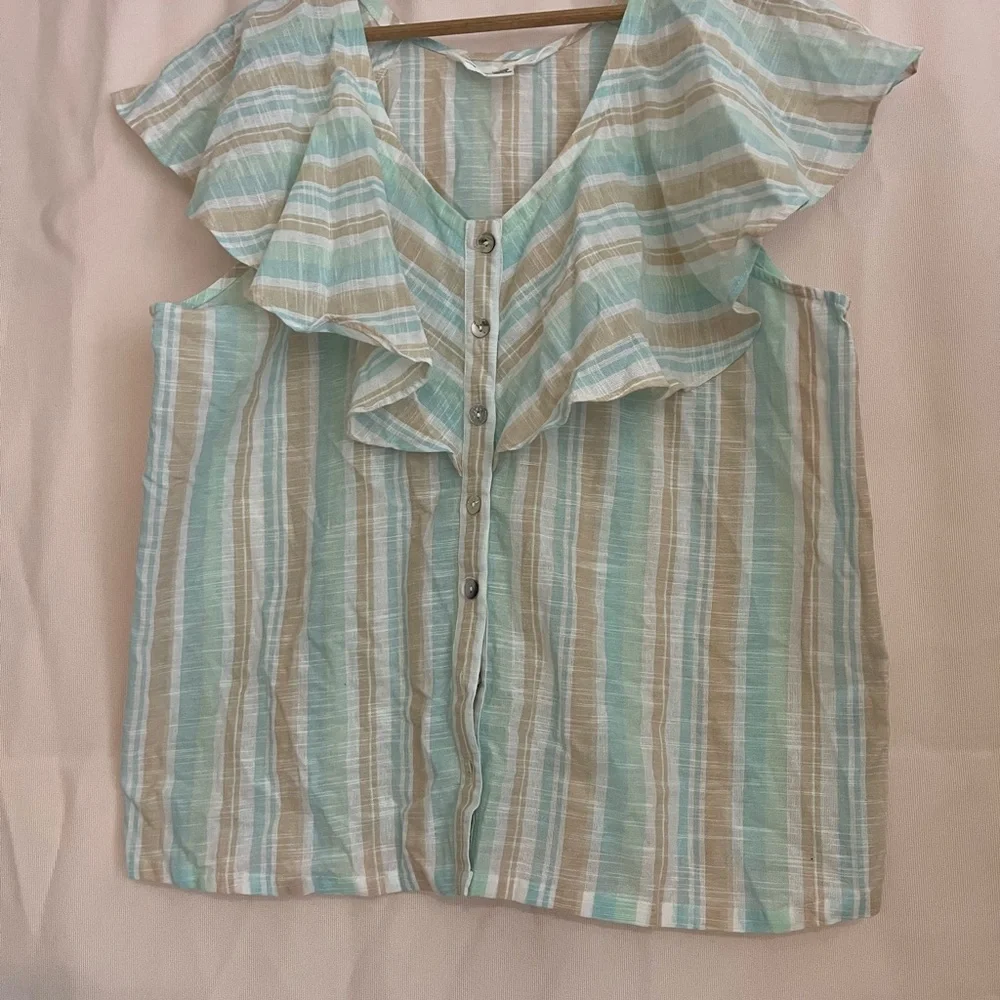 French Laundry Green Blue Ruffled Bib Collar Blouse - Picture 2 of 8